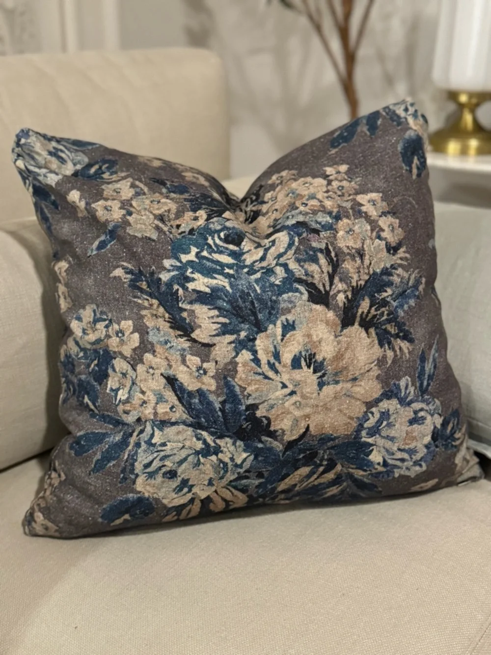 2/ Navy Blue and Brown Floral Linen blend Pillow Covers 20”